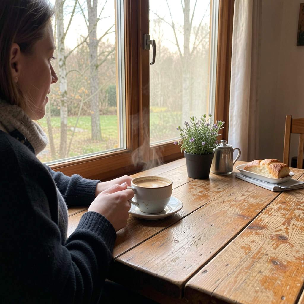 Rauhallinen hetki aamukahvin kanssa, jossa henkilö istuu ikkunan ääressä