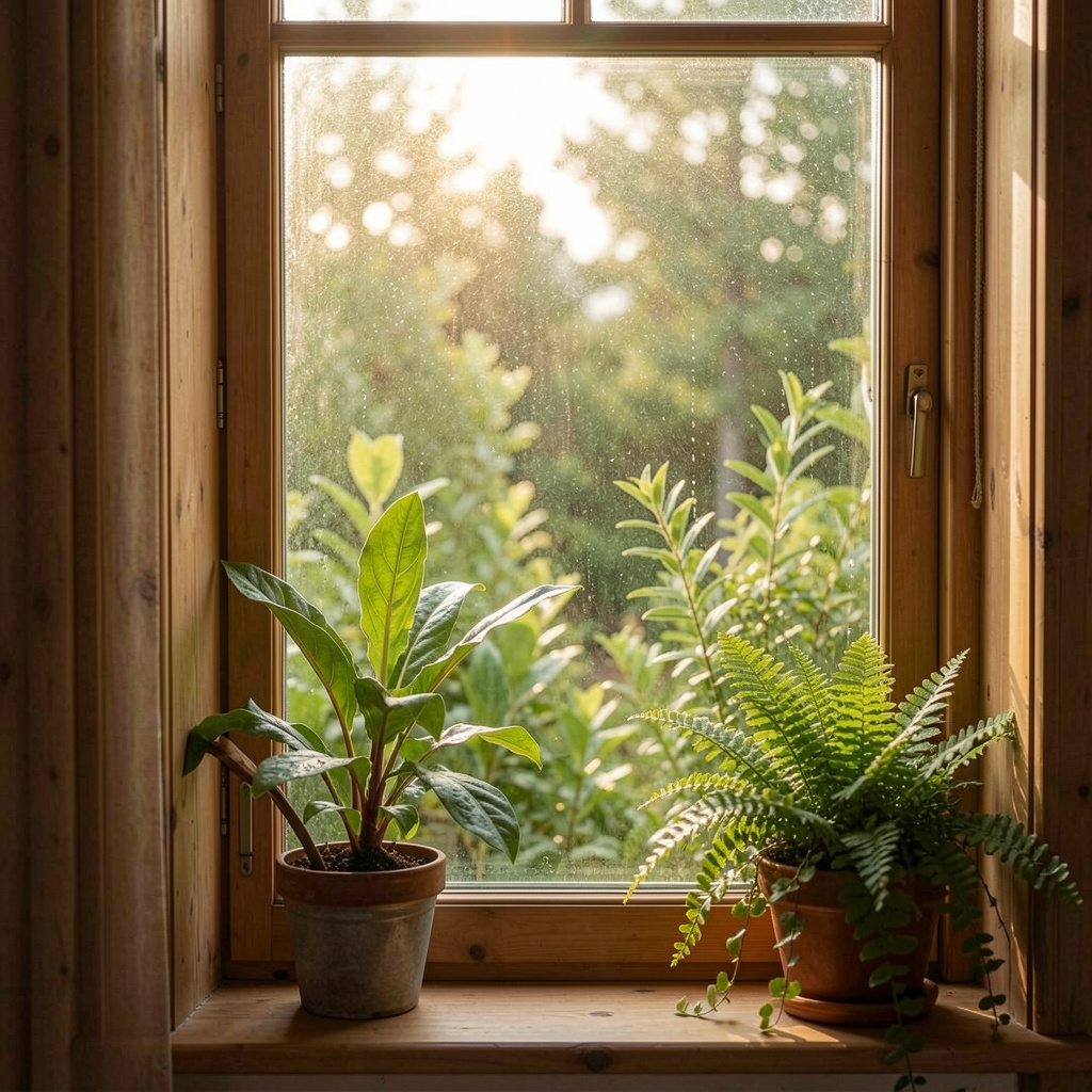 Rauhallinen aamunäkymä ikkunasta, jossa näkyy luonnonvaloa ja vihreitä kasveja